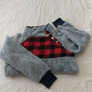 Plaid Fuzzy Fleece Pullover, side button neck